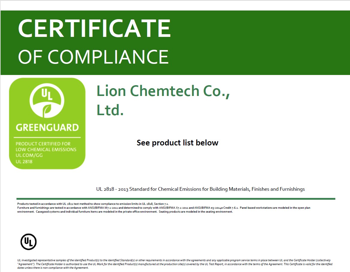 GRANDEX. Certificate de conformitate Greenguard și Greenguard Gold